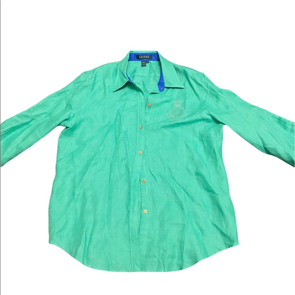 Lauren Ralph Lauren Linen Green Button Flip Cuff Shirt Women Large LRL Crest